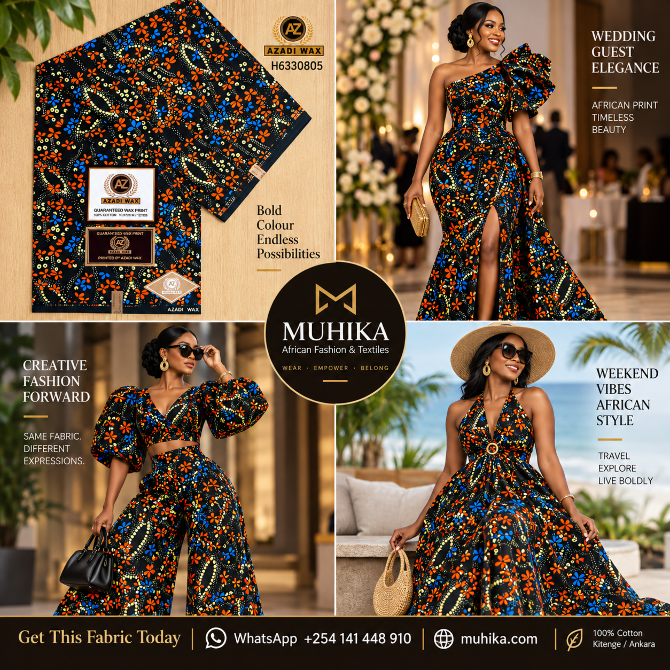H6330805 Kitenge Fabric | Black Floral African Print